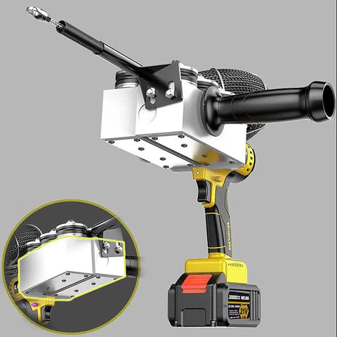 Heavy Duty Electric Fish Tape Puller And Straight Shooting Wire Threader Tool close-up view, showing battery and conduit attachment.