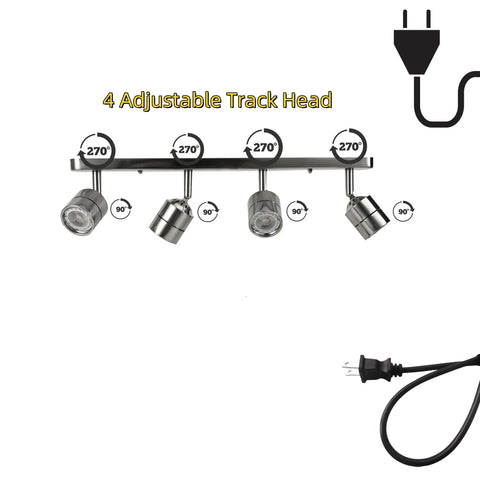 Four adjustable track heads with plug on brushed nickel finish for 4 Light Track Lighting Kit With Dimmable 7W GU10 LEDs, 14ft Cord.