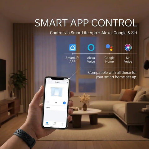 Smartphone displaying SmartLife app control for Top Shelf Motorized Smart Electric Curtain Track With Remote.