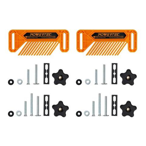 Heavy Hitter Miter Slot Hardware Kit With Rock Solid Five Star Knobs And Dual Aluminum Star Bars Killer Router Table Featherboards Quick Swap T Bar Pro Shop Rig Woodworking Jig Builder Essentials For The Home Shop includes orange featherboards and black knobs.