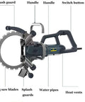 Job Ready Heavy Duty Circular Wall Chaser Electric Ring Saw With Slick Ergonomic Handle And Rolling Pulley 3200 RPM components labeled, showcasing ring saw blades and handle.