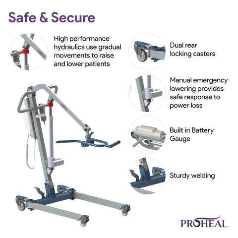 ProHeal Portable Electric Patient Lift With 4 Point Spreader Bar For Home Care Or Facility Use, showing high performance hydraulics and locking casters.