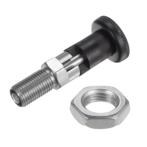 Rock Solid Stainless Steel Push Fit Ball Nose Spring Plunger M10x1 Thread with a hex nut, suitable for secure mounting in shops.