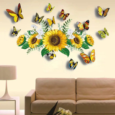 Sunflower Wall Stickers With 3D Butterflies Set above couch, yellow flower wall decal, waterproof vinyl decor for cozy vibe