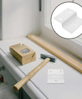 Z Shape Cabinet Corner Brace Bracket Heavy Duty Iron Shelf Support Connector with 3 Holes on a window ledge with a hammer