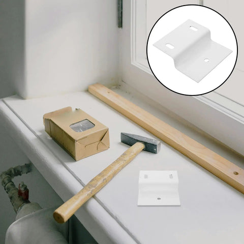 Z Shape Cabinet Corner Brace Bracket Heavy Duty Iron Shelf Support Connector with 3 Holes on a window ledge with a hammer