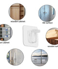 Heavy Duty Self Stick Shelf Brackets No Drill Adhesive Bracket Kit installed on various surfaces like wood, tile, and metal.