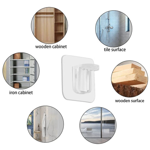 Heavy Duty Self Stick Shelf Brackets No Drill Adhesive Bracket Kit installed on various surfaces like wood, tile, and metal.