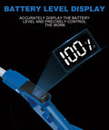 Cordless Garden Tiller 20V No Cord Hassle digital battery display showing 100% charge on blue handle with battery level display feature
