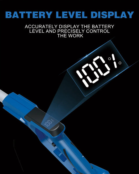 Cordless Garden Tiller 20V No Cord Hassle digital battery display showing 100% charge on blue handle with battery level display feature