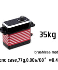 Top Shelf Badass Brushless Servo Using Eight Point Four Volts Generates Thirty Five Kilogram Centimeter Power With Heavy Duty Steel Gears And Full Waterproof Cover For Remote Control Cars Includes Arm, showcasing red and black CNC case.