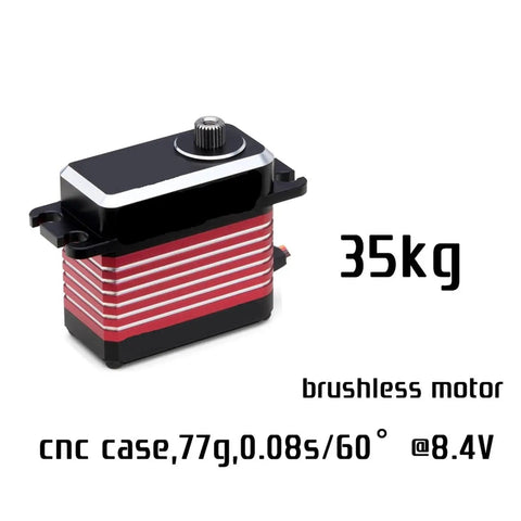 Top Shelf Badass Brushless Servo Using Eight Point Four Volts Generates Thirty Five Kilogram Centimeter Power With Heavy Duty Steel Gears And Full Waterproof Cover For Remote Control Cars Includes Arm, showcasing red and black CNC case.