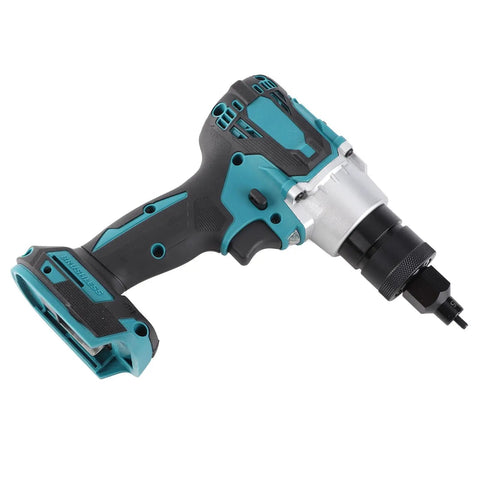 Handiest Cordless Rivet Nut Setter Tool Kit For Automotive And HVAC Jobs Featuring Quick Swap Heads, Built-In LED Glow, Depth Tweaking And Killer Cooling For Sheet Metal Magic. blue black cordless rivet nut tool, side view