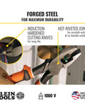 Pro Grade 1000V Insulated Screwdriver Set With Pliers And Wire Stripper Includes Number 2 Phillips And Quarter Inch Cabinet Slim Tips Two Insulated Pliers Made In USA Meets ASTM F1505 And IEC 60900 For Safe DIY Electrical Work showing cutting action on wires with forged steel pliers.