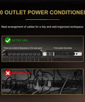 Before and after comparison of Heavy Duty Ten Socket Power Conditioner And Surge Sequencer with organized cables and sockets.