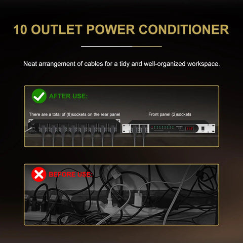 Before and after comparison of Heavy Duty Ten Socket Power Conditioner And Surge Sequencer with organized cables and sockets.