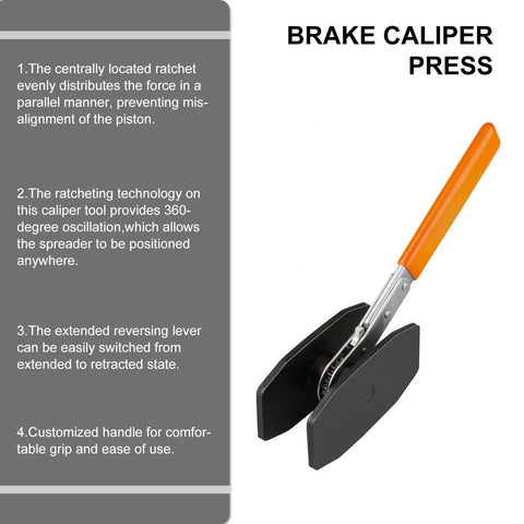 Ratcheting Brake Caliper Tool 4 In 1 Piston Compression Tool With 360 Degree Swivel shown with orange handle and spreader pads.