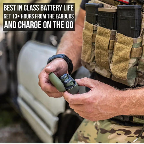 Person holding Caliber BT Wireless Shooting Ear Protection For Gun Range With Bluetooth Hearing Protection And Electronic Noise Reduction 25 dB NRR Lightweight Ear Buds For Shooters On The Go in charging case