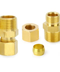 Brass Compression Tube Fitting 1/2 Inch OD x 1/2 Inch NPT Male Compression Union Connector 5 Pack on white background.