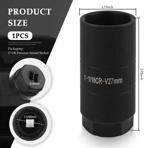 Killer Build Car Oil Pressure Sensor Socket With Three Eighth Inch Drive Anti Rust, 1 1/16 inch size, heavy-duty tool for oil sender removal.