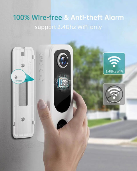 Wireless Doorbell Camera With 2K Video No Subscription Built In Chime Plug And Play 2 Way Audio 30 Second Voice Message Anti Theft AI Detection 2.4GHz WiFi Only Battery Powered Works With Alexa being installed on wall showing WiFi compatibility