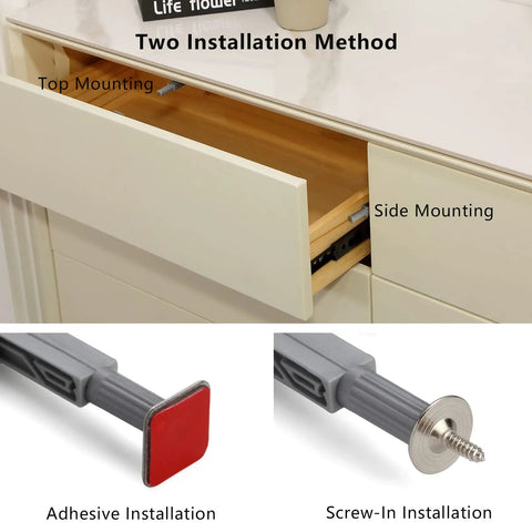 Premium Push To Open Magnetic Latch with adhesive and screw-in installation methods for kitchen drawers.