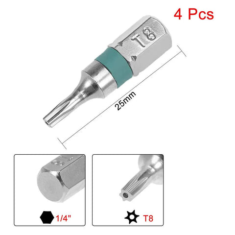 4 Pack T8 Security Torx Screwdriver Bits With 1/4 Hex Shank And Magnetic Tips, 25mm length, ideal for heavy duty repairs.