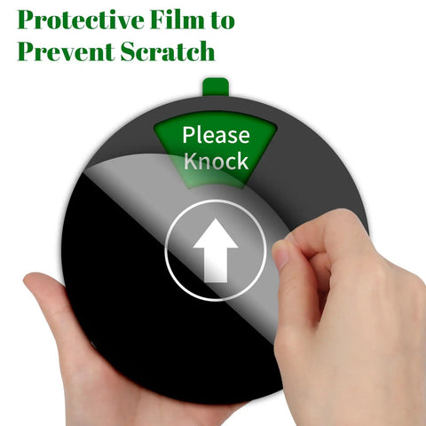Hand peeling protective film from Office Door Sign With Six Status Options Do Not Disturb Please Knock In A Meeting Working Remotely Back Soon Out Of Office Privacy Indicator For Conference Rooms 6 Inch Black Ideal For Meetings And Remote Workspaces