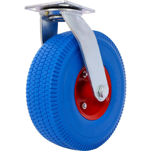 No More Flat Tire Headaches Hey Heavy Duty 10 Inch Flat Free Caster Set with blue rubber wheel and solid steel hub