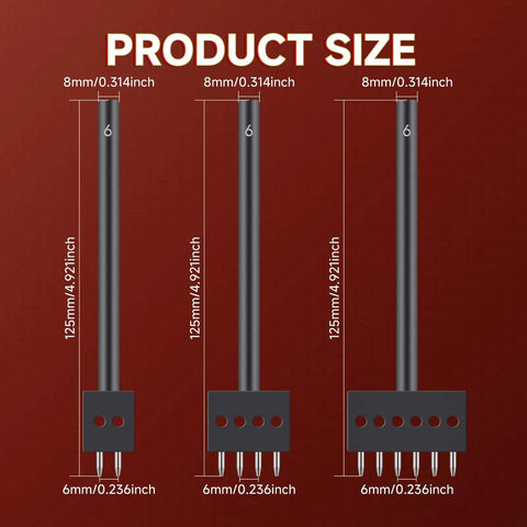 Three Piece Prong Punch Tool Set dimensions with 6mm row hole punch, 125mm length, for leather crafting and stitching.
