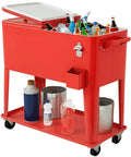80 Quart Rolling Patio Cooler Cart With Drain, Locking Wheels, Bottom Storage Shelf, Bottle Opener And Cap Catcher For Poolside Parties, Backyard BBQs, Outdoor Events And Grilling Sidelines Red with bottles and drinks