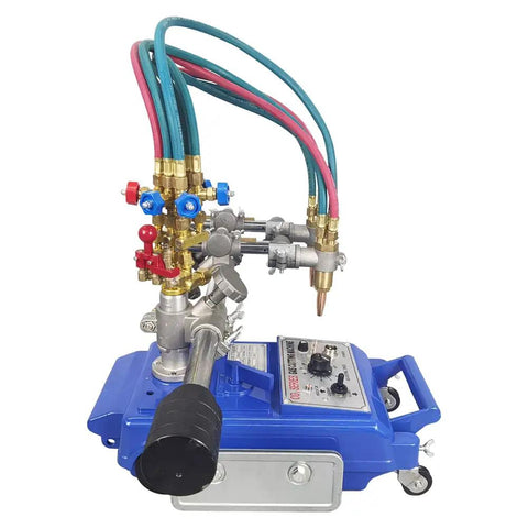 Heavy Duty Semi Automatic Double Torch Gas Cutting Machine Features Buttery Smooth Tracking Rock Solid Alloy Frame For Nail Perfect Bevel Or Straight Cuts Every Time, showing dual torches and control panel.