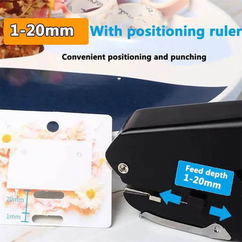 Metal Oval Single Hole Punch 4 15mm Hole Puncher Workhorse With Lever Action, close-up showing adjustable feed depth and positioning ruler.