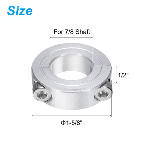 Two-Piece Clamp-On Shaft Collar For Seven-Eighths Inch Shaft, Aluminum Alloy, 1-5/8 Inch Outside Diameter, 1/2 Inch Thick, Set Screw Split Collar, Double Split, Lightweight, Rust Resistant, Precise Positioning, size view with 7/8 shaft and 1-5/8 OD
