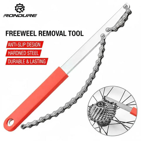 All In One Cassette Removal Tool Set With Chain Whip, Wrench And Lockring Remover For Home Bike Mechanics shown with cassette wheel