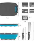 Collapsible Camping Cutting Board With Colander And Drain Basket, 9 In 1 Chopping Board, top and side views, knives shown, Blue Gray.