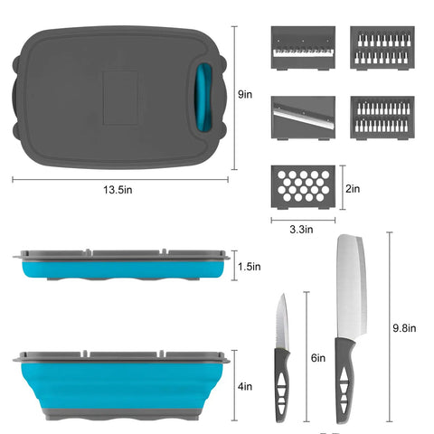 Collapsible Camping Cutting Board With Colander And Drain Basket, 9 In 1 Chopping Board, top and side views, knives shown, Blue Gray.