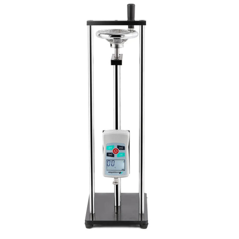 Manual Force Test Stand With Hand Wheel 250mm Stroke Dual Mounting Plate 41x73mm And 40x90mm For ZMF Force Gauge Sold Separately Built For Precise Repeatable Measurements And Smooth Operation on stand with digital gauge