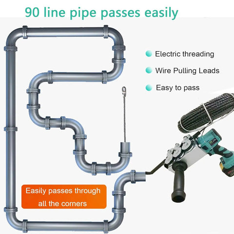 Portable Electric Wire Threading Machine With Powerful 48V Lithium Battery routing wires through a 90-degree pipe bend.