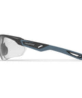 Top Shelf Safety Glasses Featuring Anti Scratch Impact Resistant Wraparound Design With Ansi Z87 Plus High Impact Rating And Crystal Clear Lenses Offering All Day Pressure Free Comfort That Hits Different side view showcasing flexible gray frames and clear lenses.