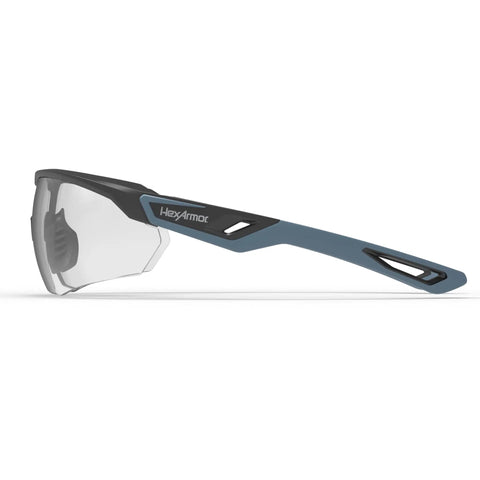 Top Shelf Safety Glasses Featuring Anti Scratch Impact Resistant Wraparound Design With Ansi Z87 Plus High Impact Rating And Crystal Clear Lenses Offering All Day Pressure Free Comfort That Hits Different side view showcasing flexible gray frames and clear lenses.