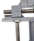 Close-up of Rock Solid Mini Bench Vise clamp mechanism showing heavy-duty steel construction for woodworking and lathe jobs.