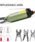 Heavy Duty Pneumatic Crimping Tool Air Powered Wire Terminal Pliers With 3 Interchangeable Heads visible with replaceable jaws.