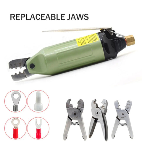 Heavy Duty Pneumatic Crimping Tool Air Powered Wire Terminal Pliers With 3 Interchangeable Heads visible with replaceable jaws.