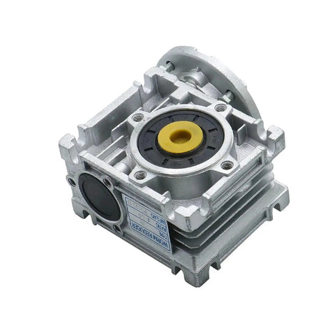 Heavy Duty Aluminum NMRV030 Worm Gear Reducer For Nema23 Motors Compact Torque Converter with silver casing and yellow center.