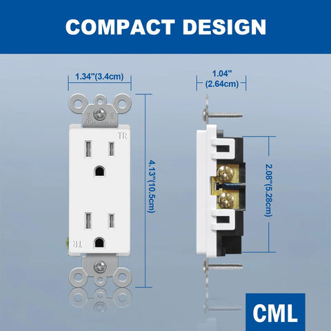Tamper Resistant Decorator Wall Outlet 15 Amp 125V Electrical Receptacle 2 Pole 3 Wire Residential Grade UL Listed White DIY Friendly Pack
