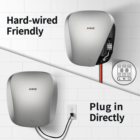 Heavy Duty Hand Dryer With HEPA Filter UL Approved 120V 1400W Brushed Stainless Steel Finish Model AK2903, wall-mounted setup