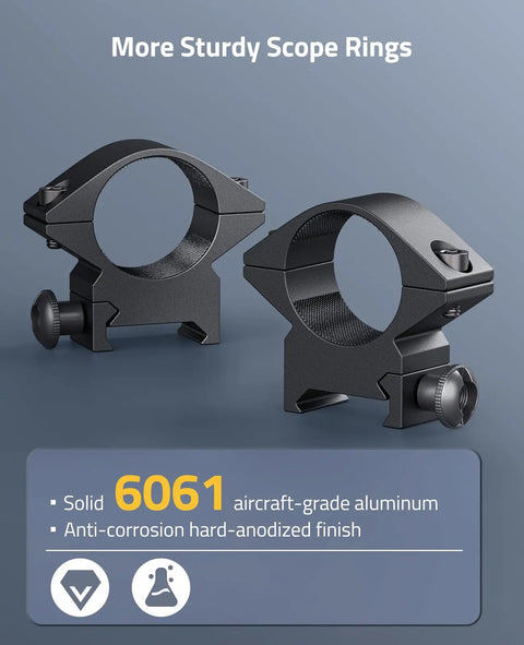 Heavy Duty One Inch Scope Rings With A Low Profile Cut For Picatinny Rails built from solid aluminum, featuring a textured interior.