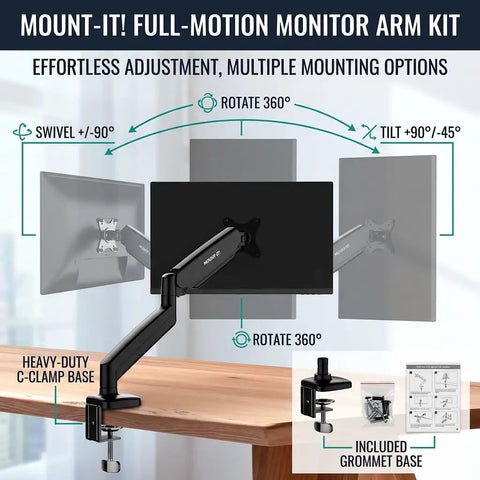 Single Monitor Arm Desk Mount With Super Smooth Tilt And Swivel Fits 13 To 32 Inch Screens showing full-motion adjustment on a desk.