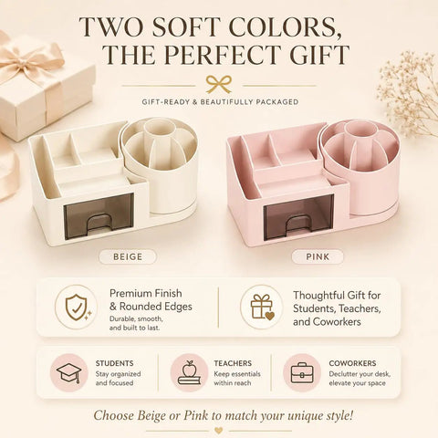 Go To Desk Organizer With Drawer And Pen Holder For Home Office Pink Modern Desktop Storage Box and beige option